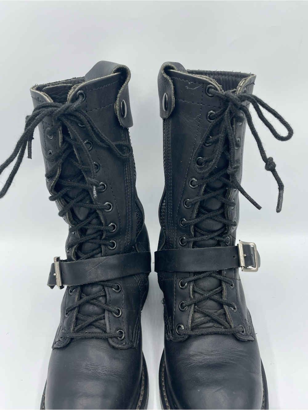 Double H Vintage Black Leather Lace-Up Combat Moto Boots with Buckle Strap. - Picture 4 of 16
